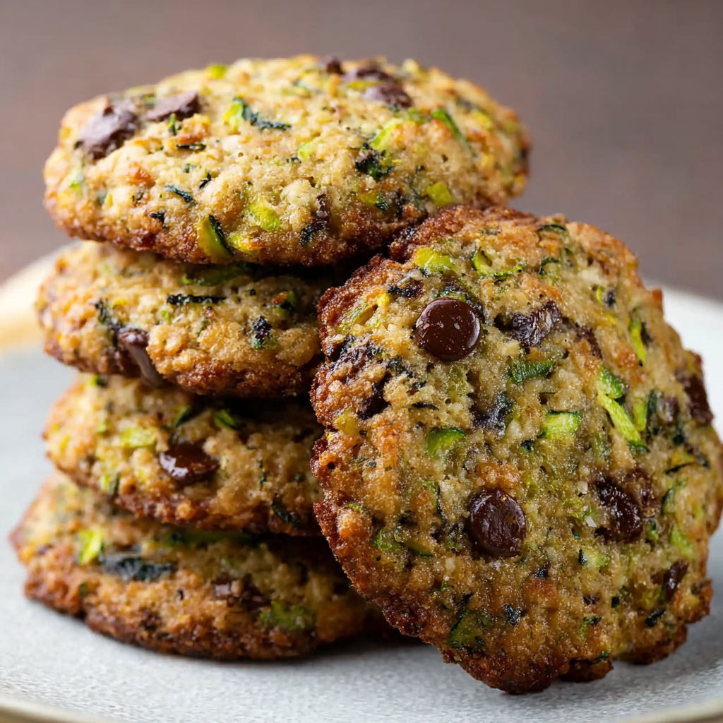 A stack of chocolate chip cookies with green toppings.