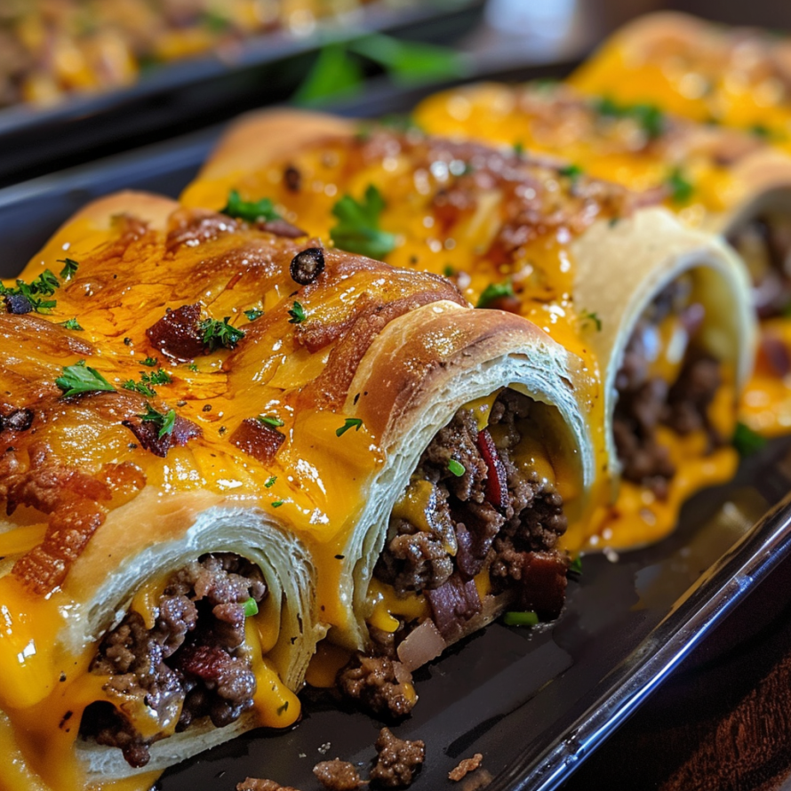 A delicious Garlic Butter Cheeseburger Rollup is served on a plate.