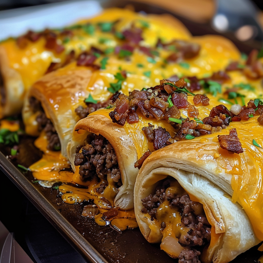 A pan of delicious bacon and cheese wrapped meat, ready to be baked.