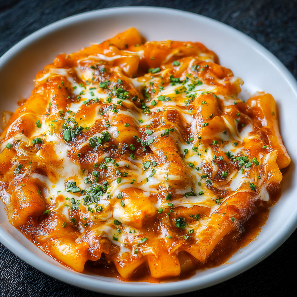 A plate of pasta with cheese and tomato sauce, possibly a dish called "Cheesy Pasta Bake.