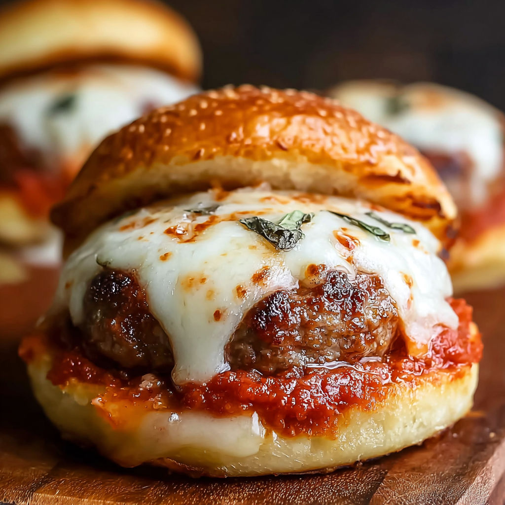 A close up of a delicious meatball sandwich with cheese and tomato sauce.
