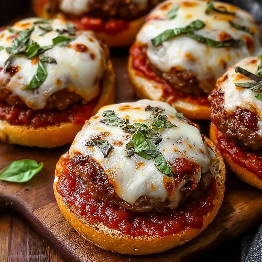 A plate of meatball sandwiches with cheese and sauce on a wooden cutting board.