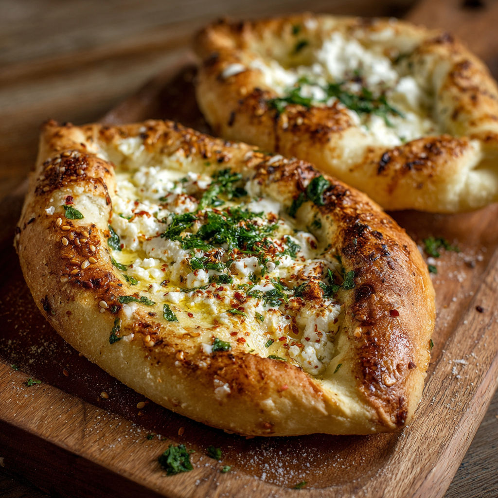 Two cheese fatayers on a wooden platter, ready to be served.