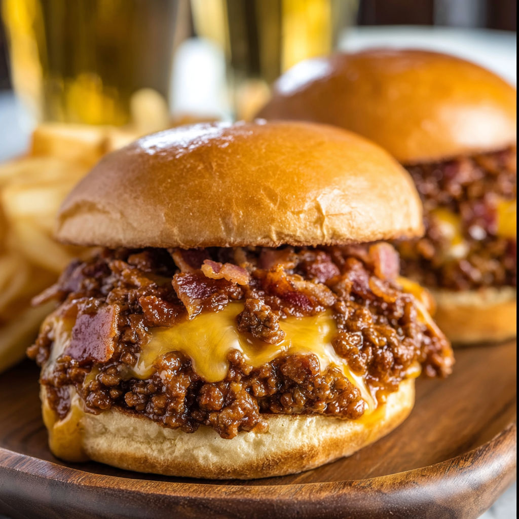 A delicious chili cheese burger with bacon on top, served on a wooden platter.