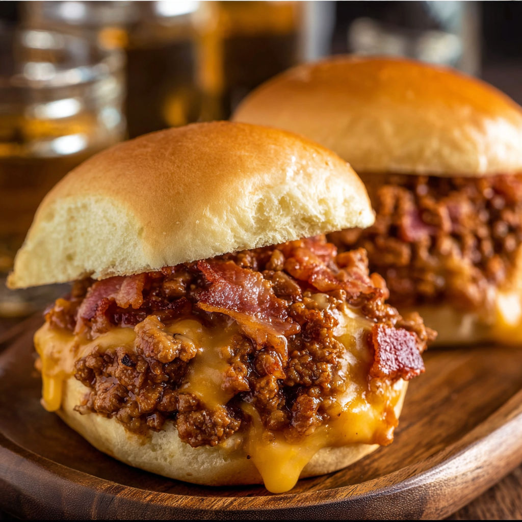 A close up of two bacon cheeseburgers on a wooden platter.