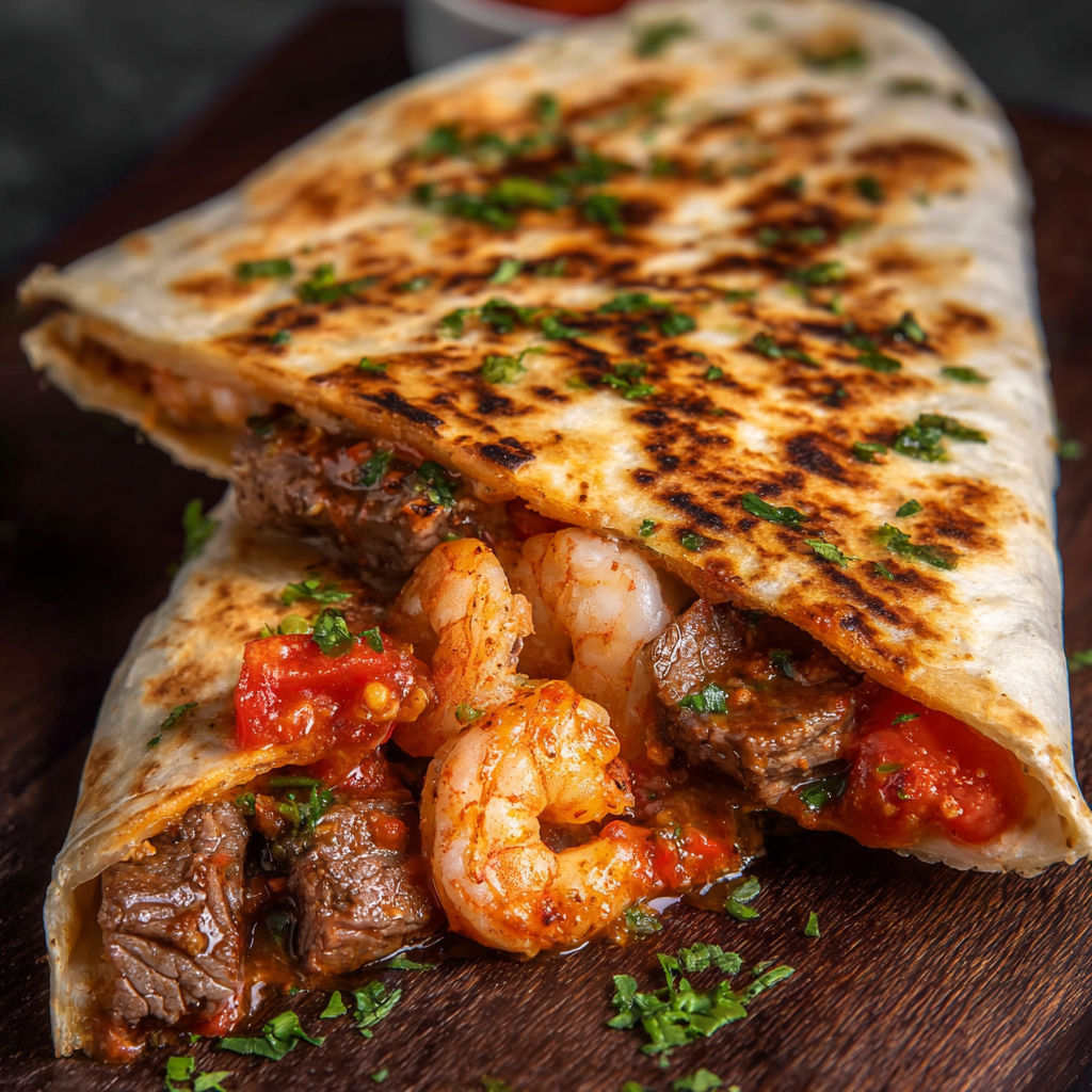 A delicious shrimp and beef burrito is served on a wooden platter.