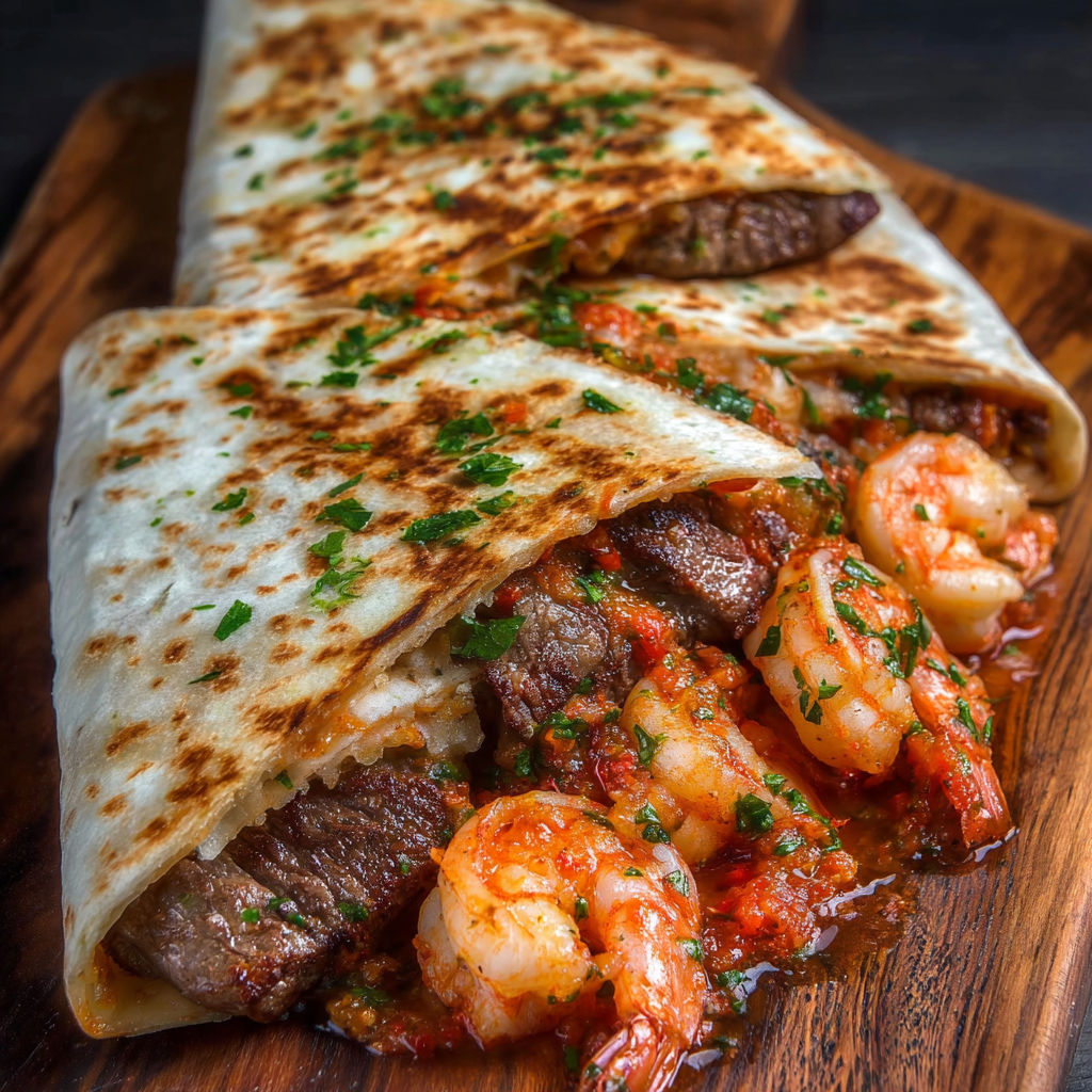 A delicious shrimp and beef burrito is served on a wooden platter, ready to be enjoyed.