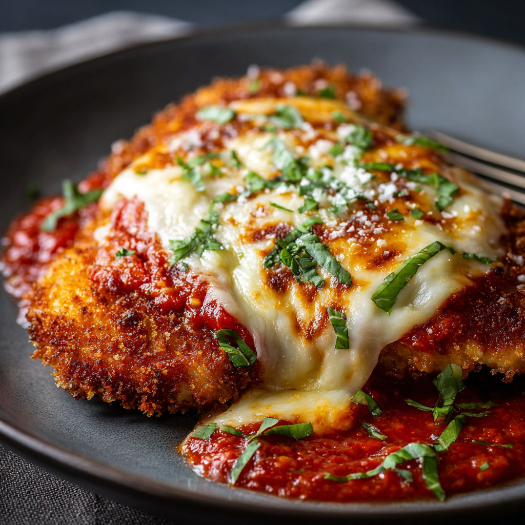 A plate of chicken with cheese and herbs on top.