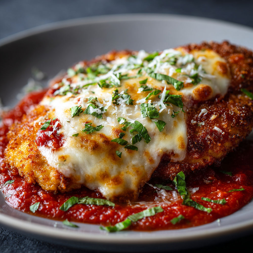 A delicious chicken dish with cheese and herbs, served on a plate.