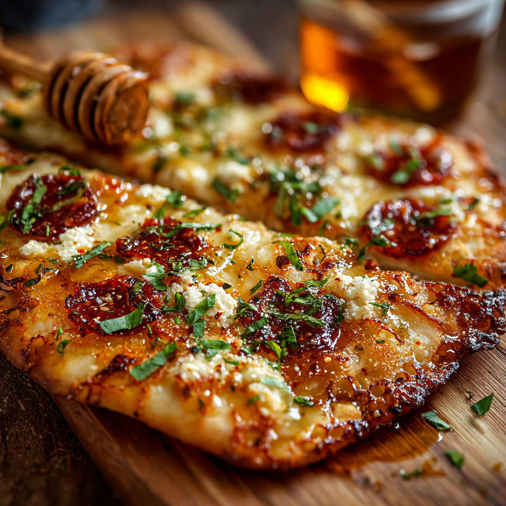 A delicious hot honey flatbread pizza with cheese and peppers on a wooden table.