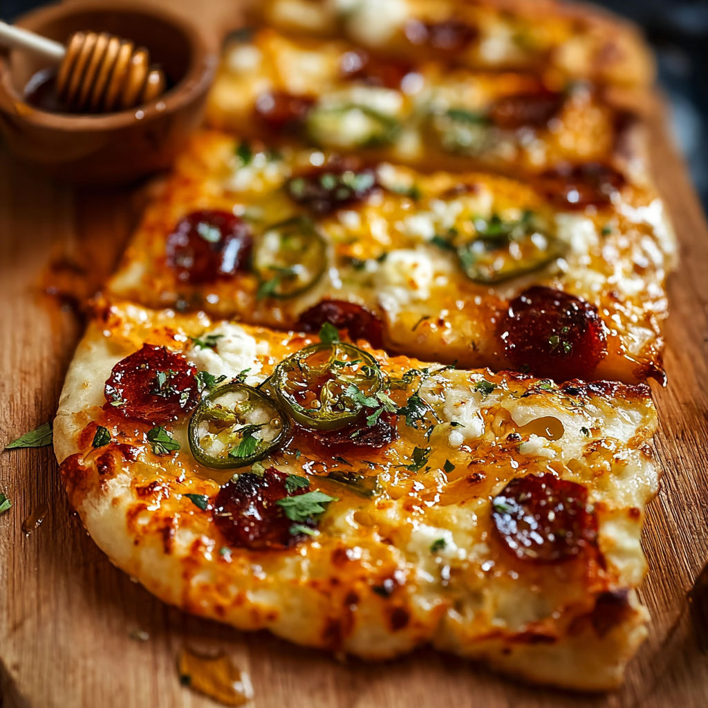 A pizza with cheese and jalapenos on a wooden board.