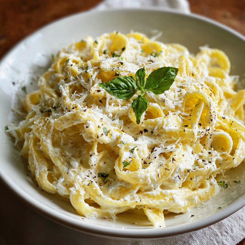 A bowl of pasta with cheese and herbs on top.