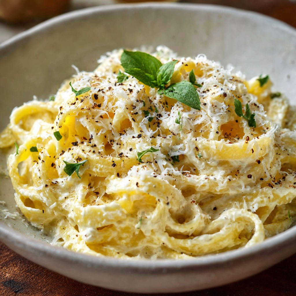 A bowl of pasta with cheese and herbs on top.