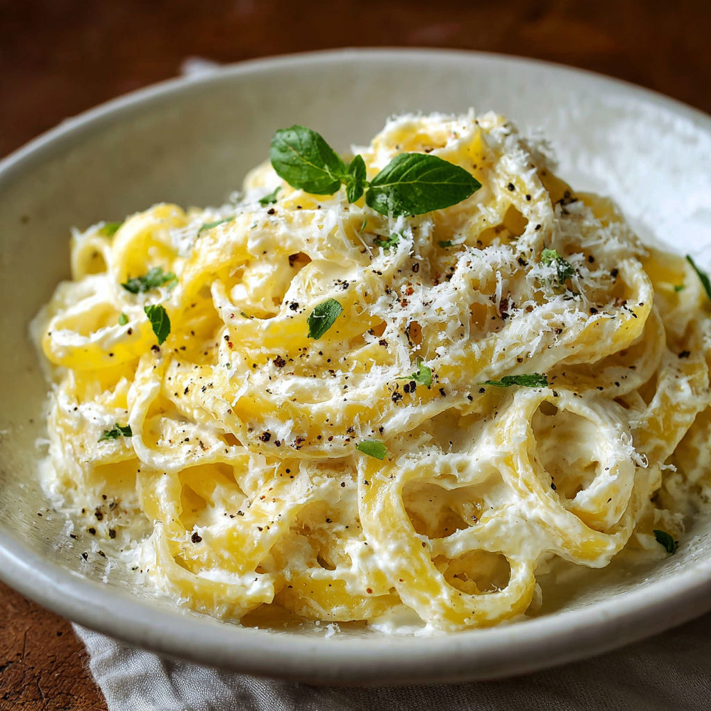 A bowl of pasta with cheese and herbs on top.
