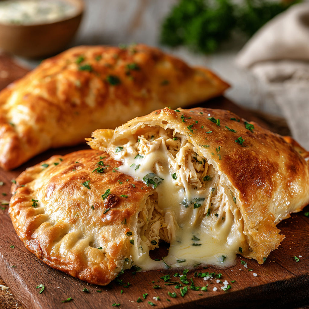 A delicious Chicken Alfredo Air Fryer Calzone is served on a wooden cutting board.