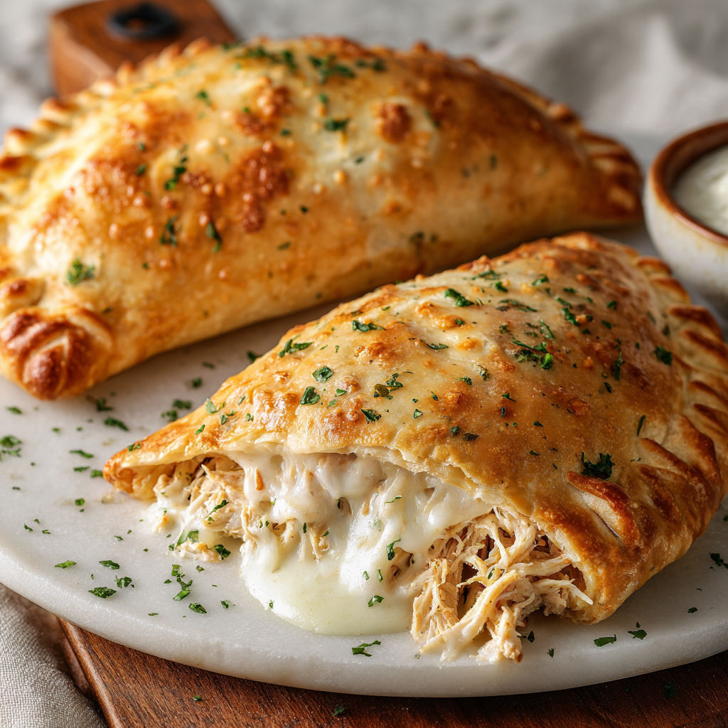 Two delicious Chicken Alfredo Air Fryer Calzones Recipe, ready to be enjoyed.