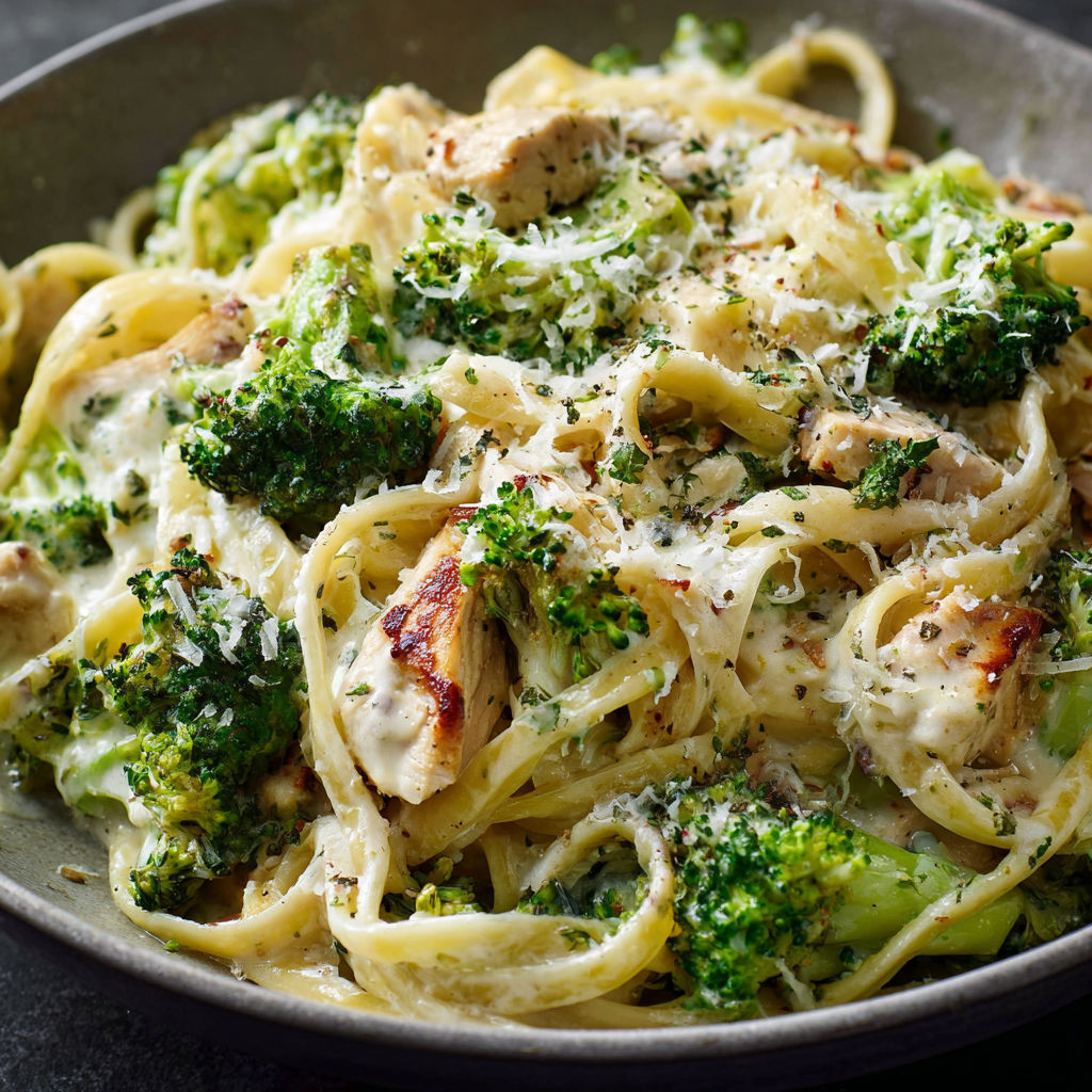 A delicious Creamy Broccoli Chicken Pasta dish is served in a bowl.
