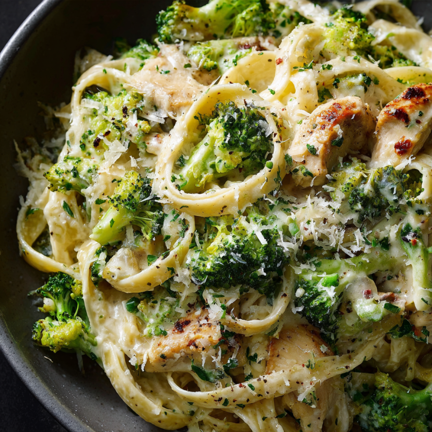 A bowl of pasta with chicken and broccoli.