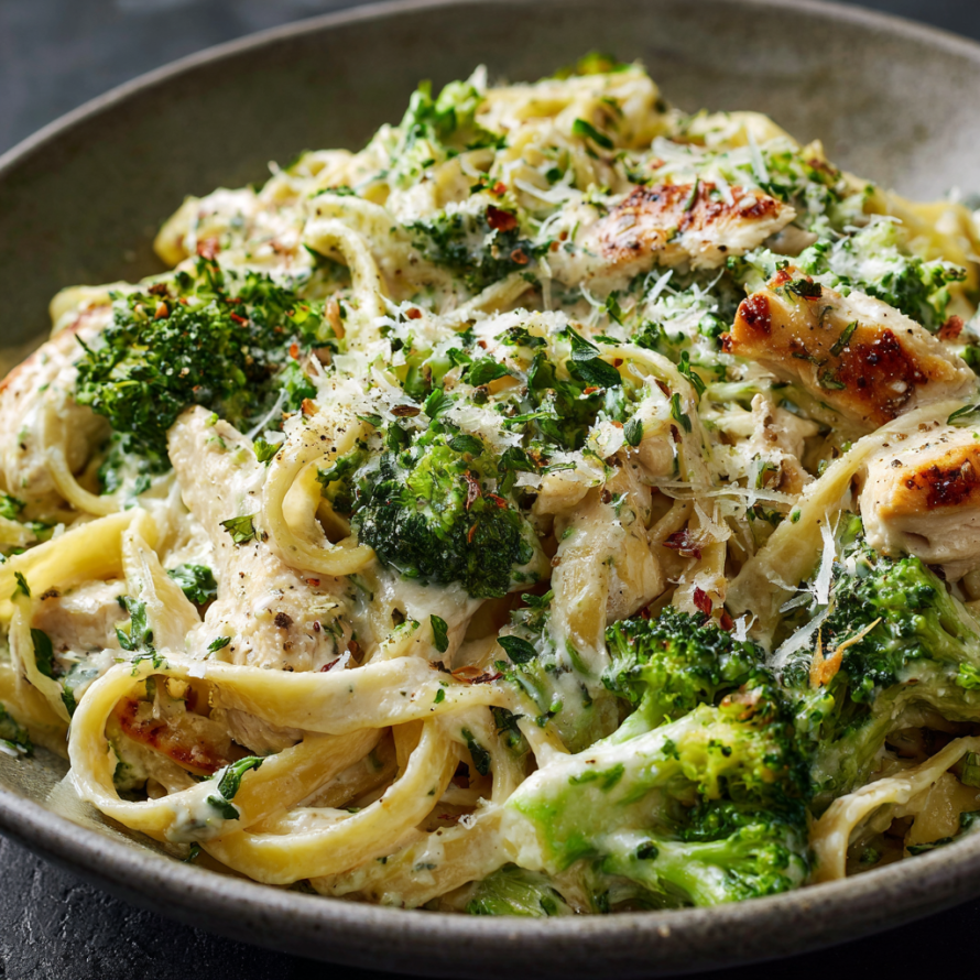 A bowl of pasta with chicken and broccoli, topped with cheese and herbs.