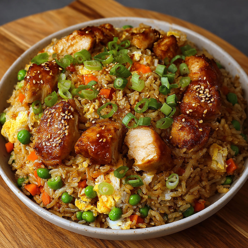 A bowl of rice and vegetables, including peas, carrots, and onions, is served on a wooden table.
