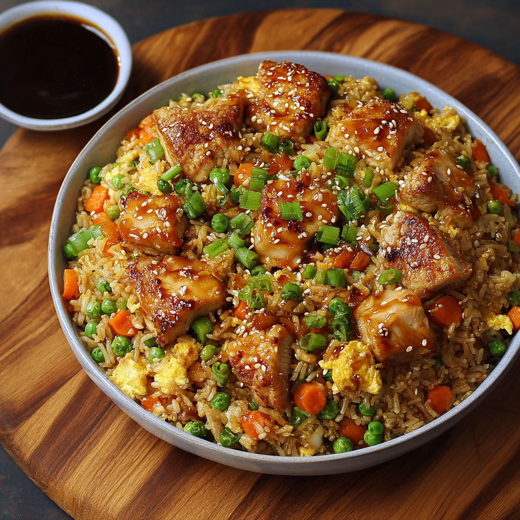 A delicious stir fry dish with rice, meat, and vegetables, including peas and carrots.