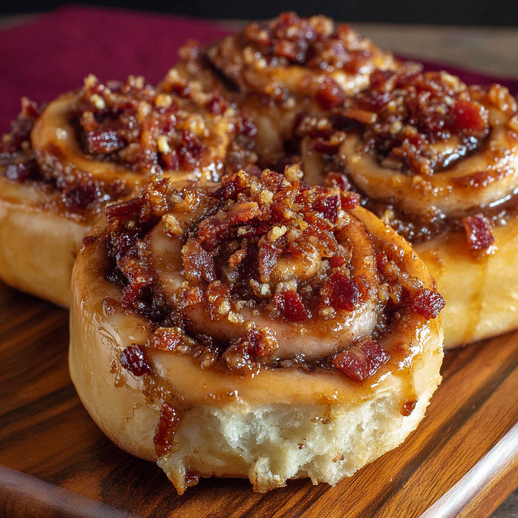 A delicious bacon and maple swirl donut is displayed on a wooden table.