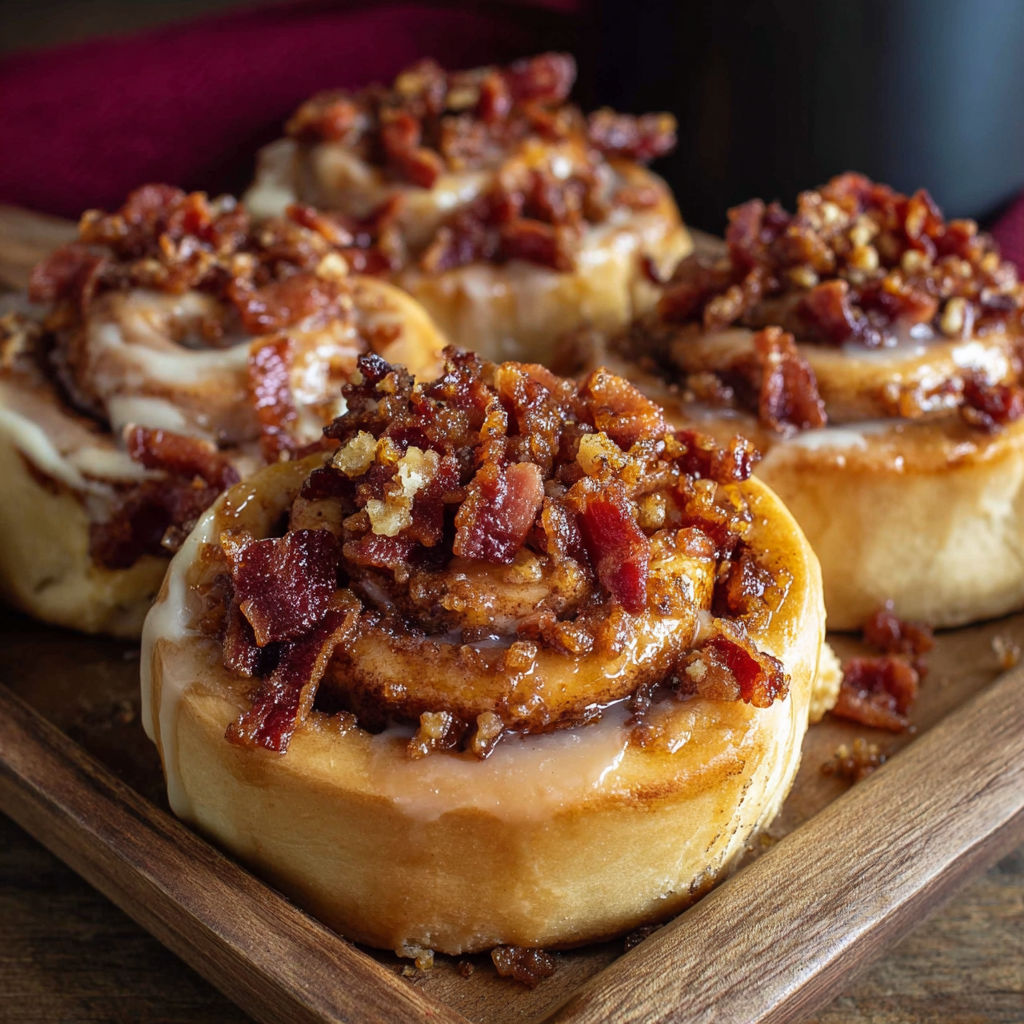 Bacon wrapped donuts with a glaze and sprinkles on a wooden platter.