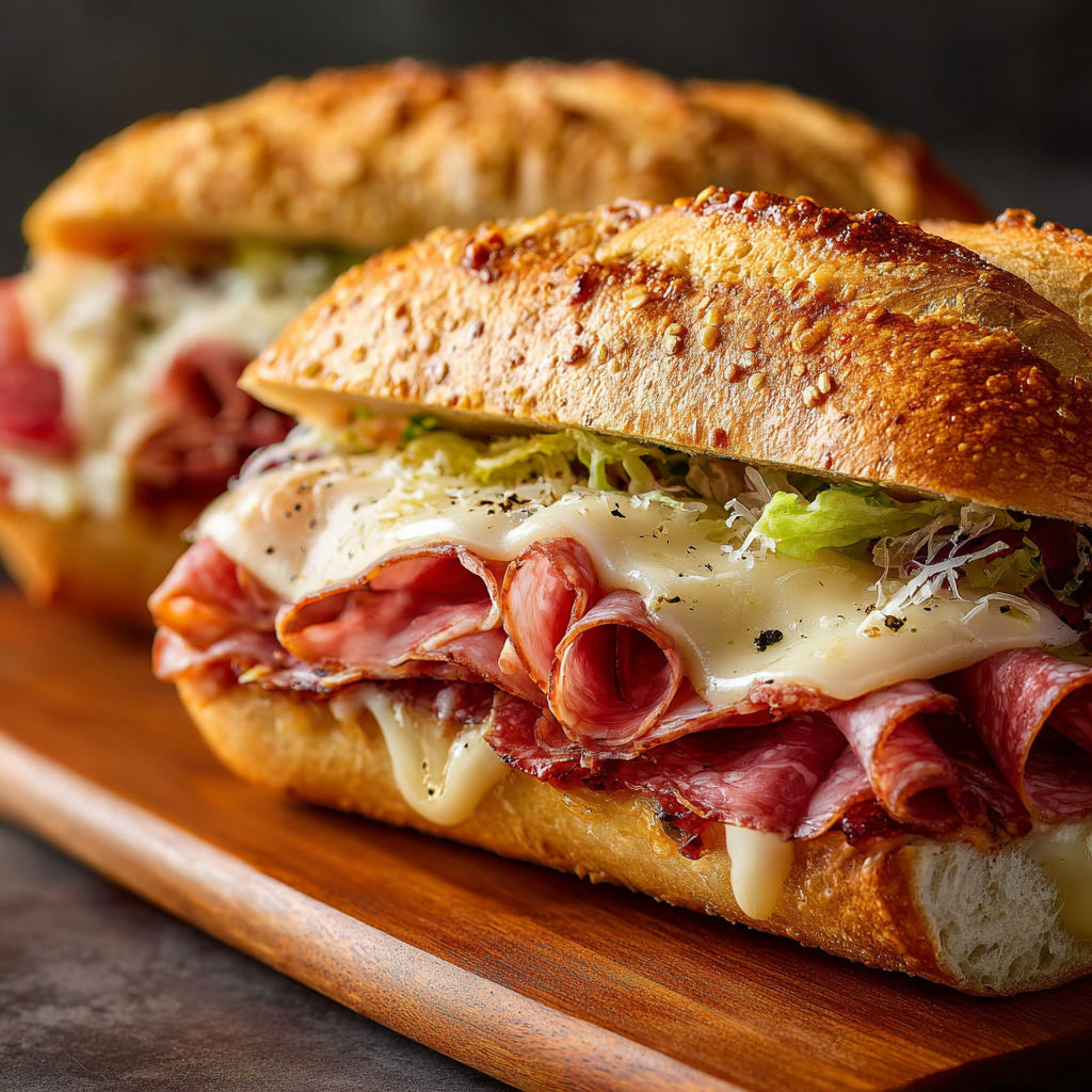 A delicious Italian sub sandwich with meat, cheese, and greens on a wooden cutting board.