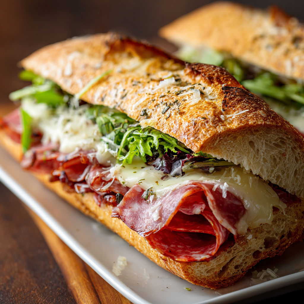 A close up of a meat and cheese sandwich on a white plate.