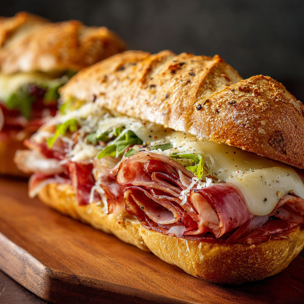 A delicious Italian sub sandwich with meat, cheese, and greens on a wooden cutting board.