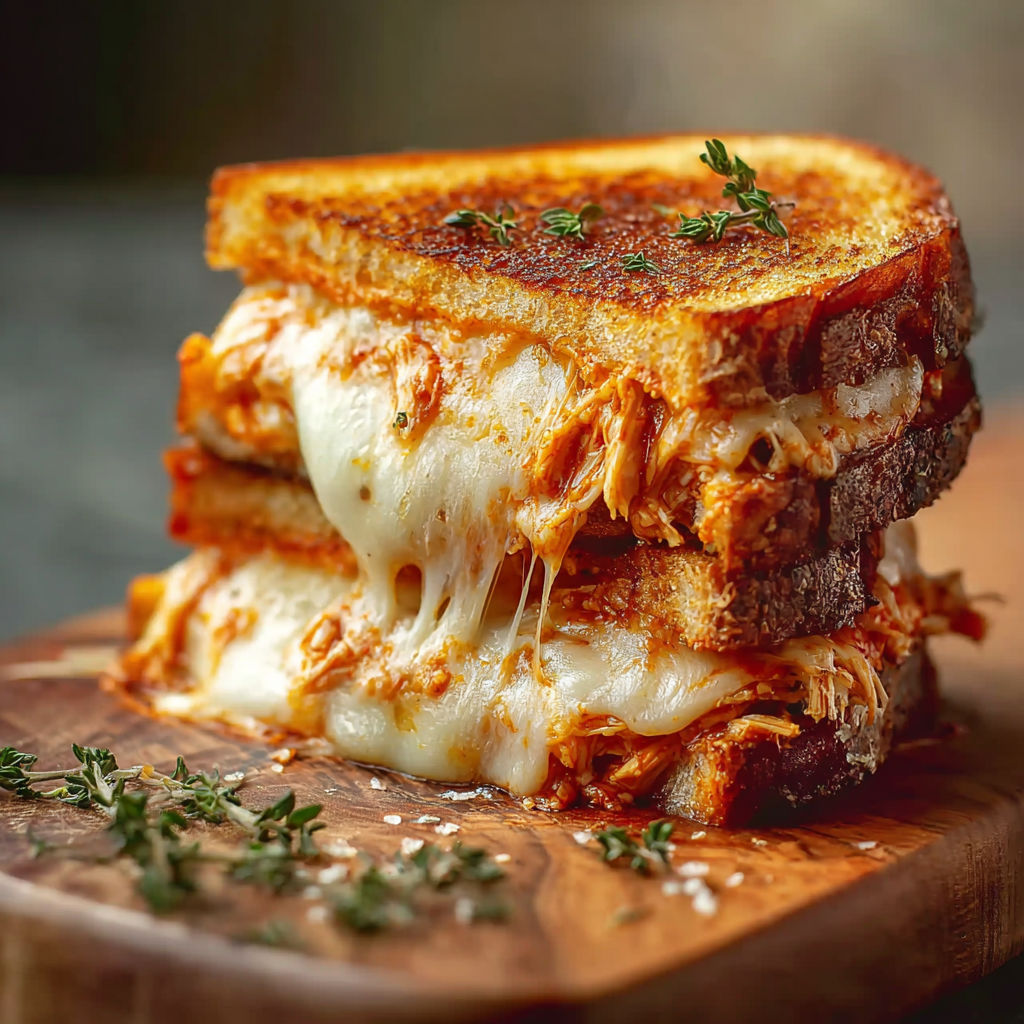 A delicious Chicken Parmesan Grilled Cheese Sandwich is displayed on a wooden cutting board.