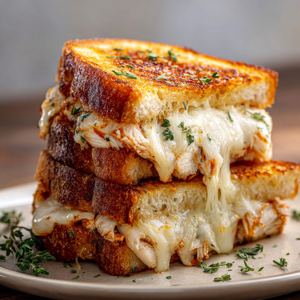 A delicious Chicken Parmesan Grilled Cheese Sandwich is stacked on a plate.