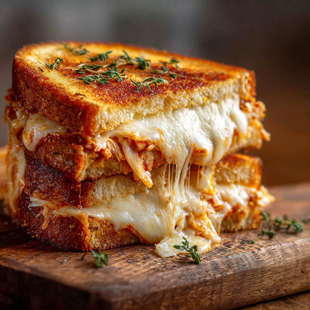 A delicious Chicken Parmesan Grilled Cheese Sandwich is presented on a wooden cutting board.