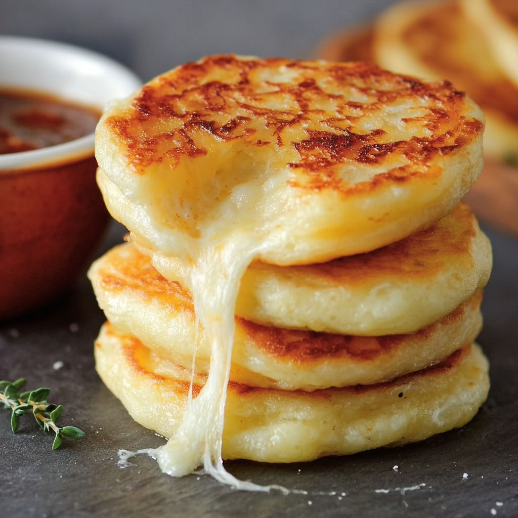 A stack of cheesy potato pancakes with a bowl of sauce nearby.