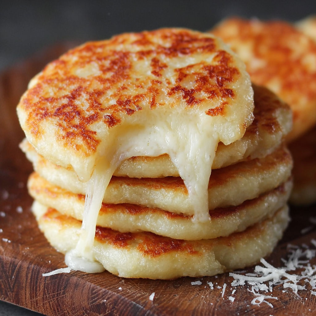 A stack of cheesy bread on a wooden cutting board.
