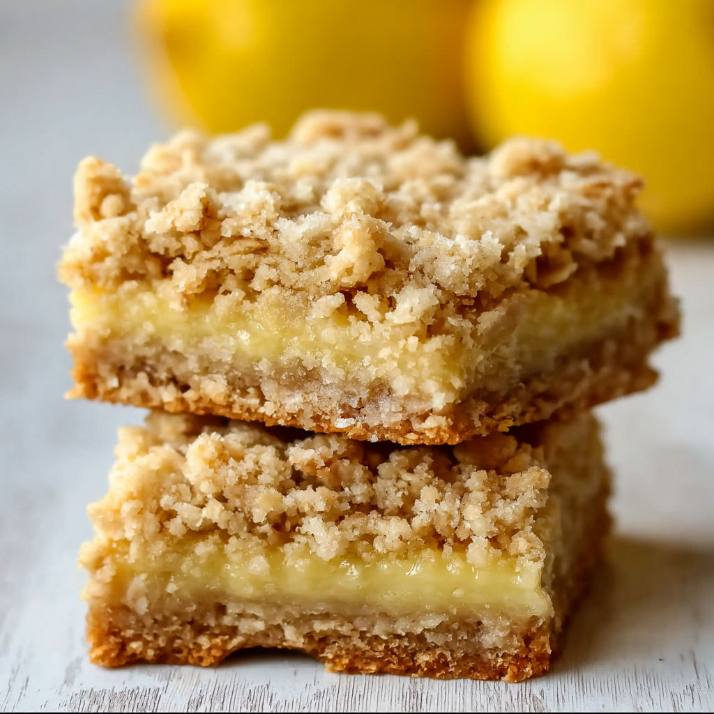 A stack of Lemon Oatmeal Crumble Bars.