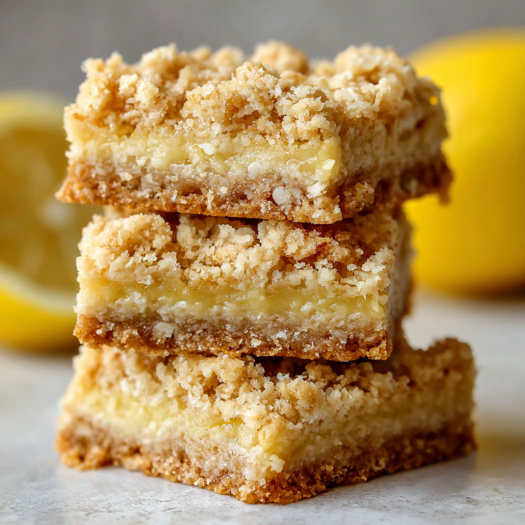 A stack of lemon squares with a lemon wedge on top.