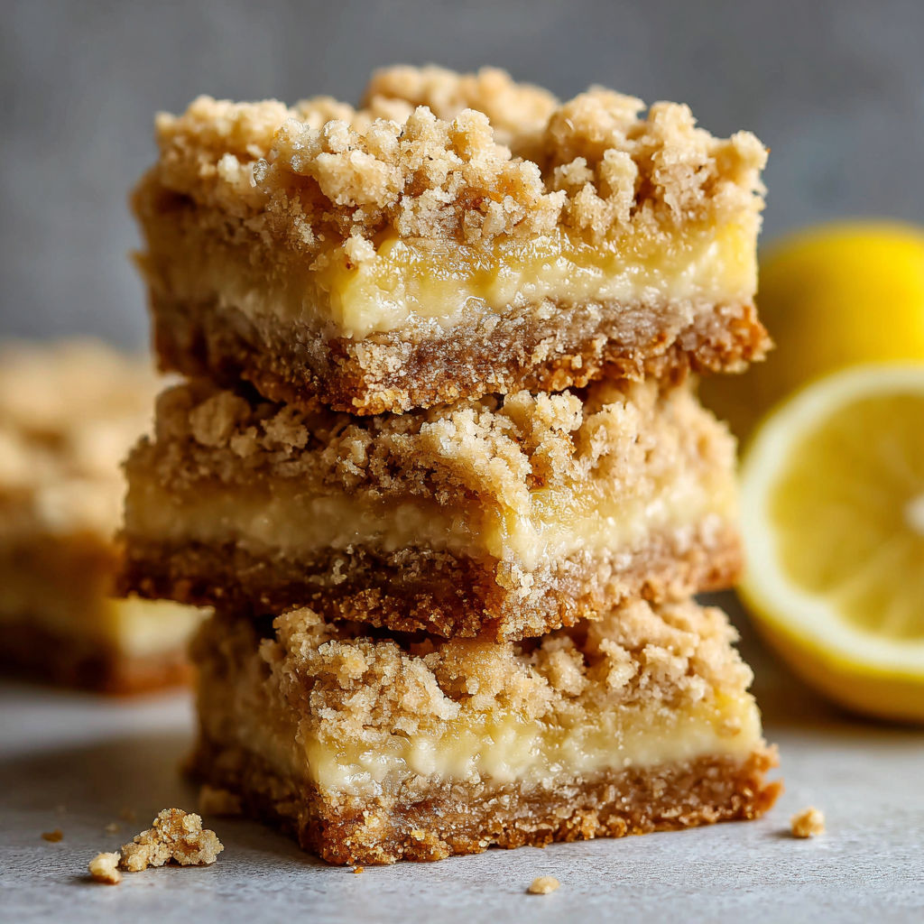 A stack of lemon squares with a lemon wedge on top.