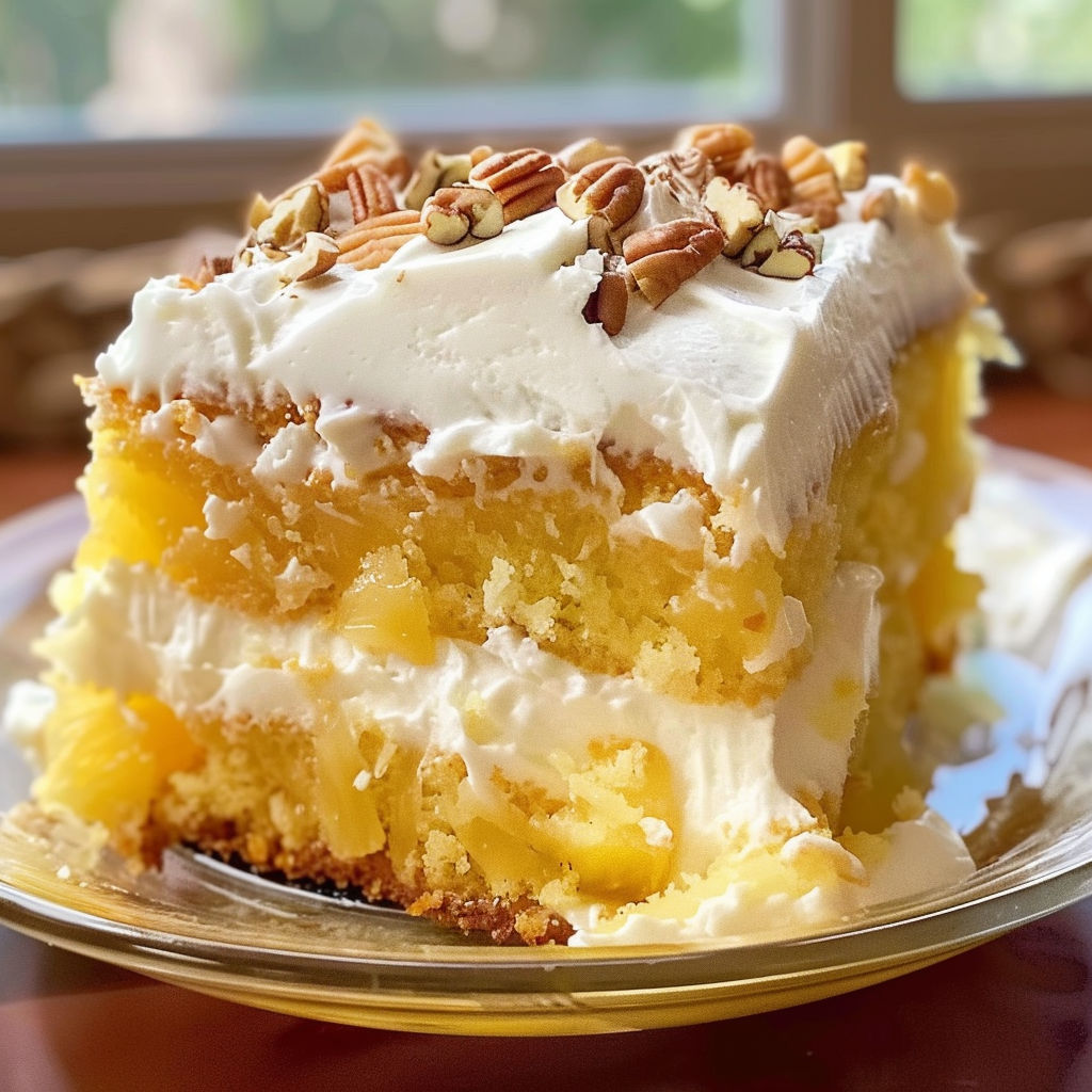 A slice of cake with white frosting and nuts on top.