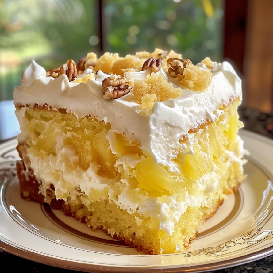 A slice of pineapple upside down cake on a plate.