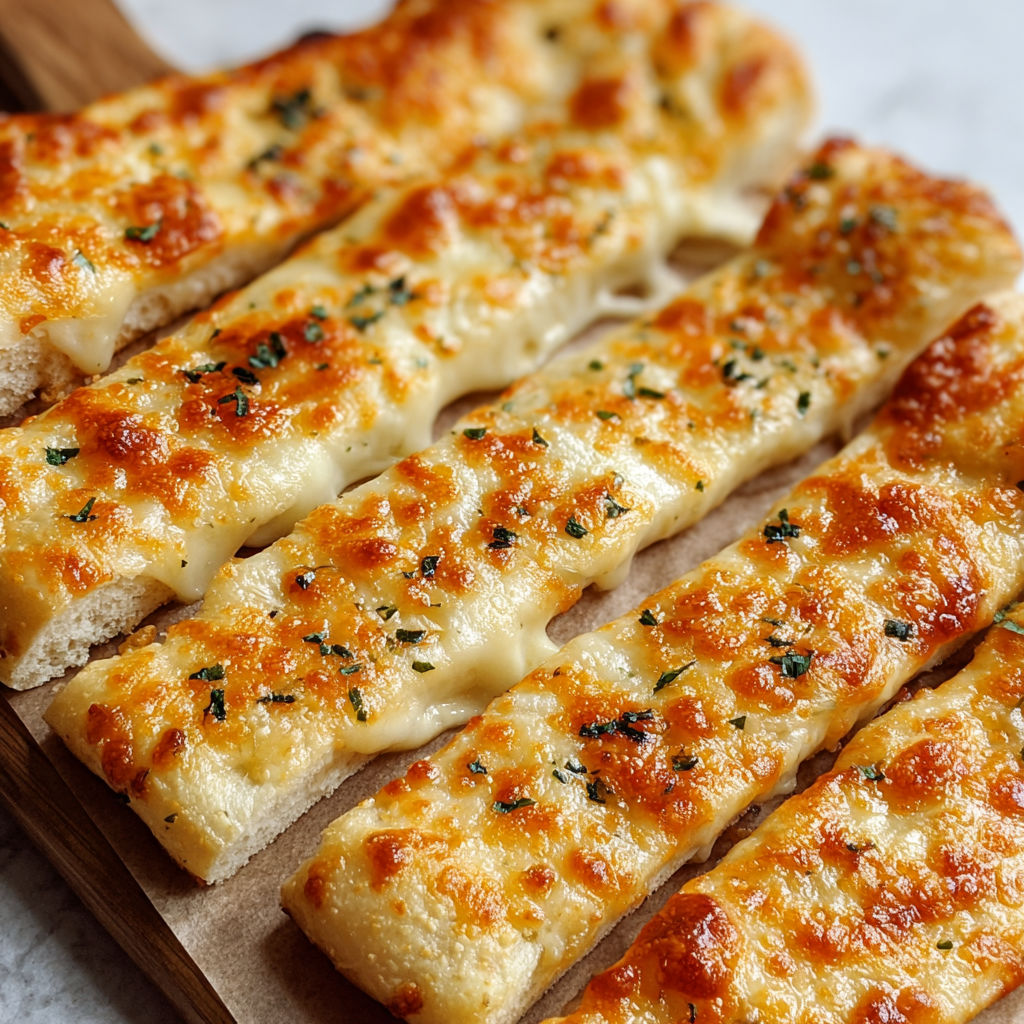 A wooden cutting board holds a delicious assortment of cheesy breadsticks.