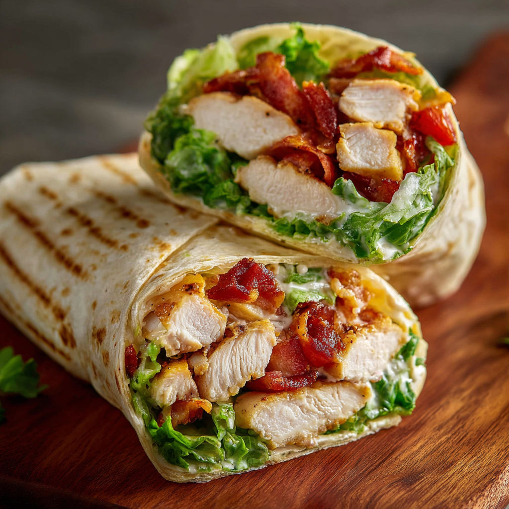 A Chicken Bacon Wrap is displayed on a wooden cutting board.