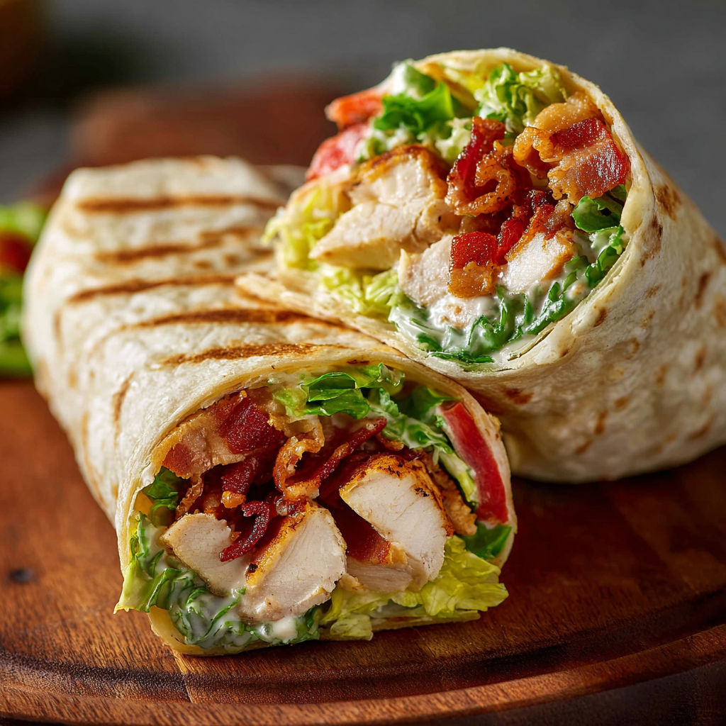 A chicken wrap with lettuce, tomato, and bacon on a wooden cutting board.
