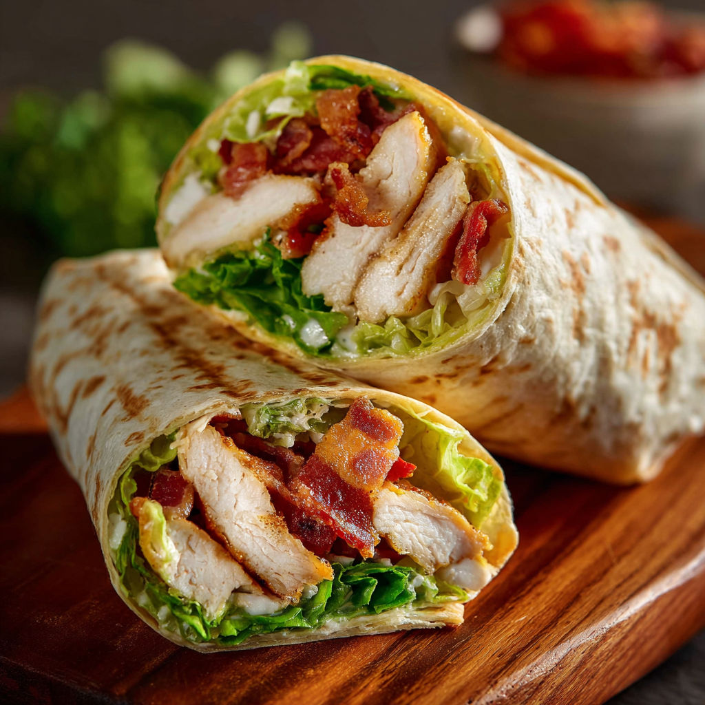A sandwich with bacon and lettuce is displayed on a wooden cutting board.