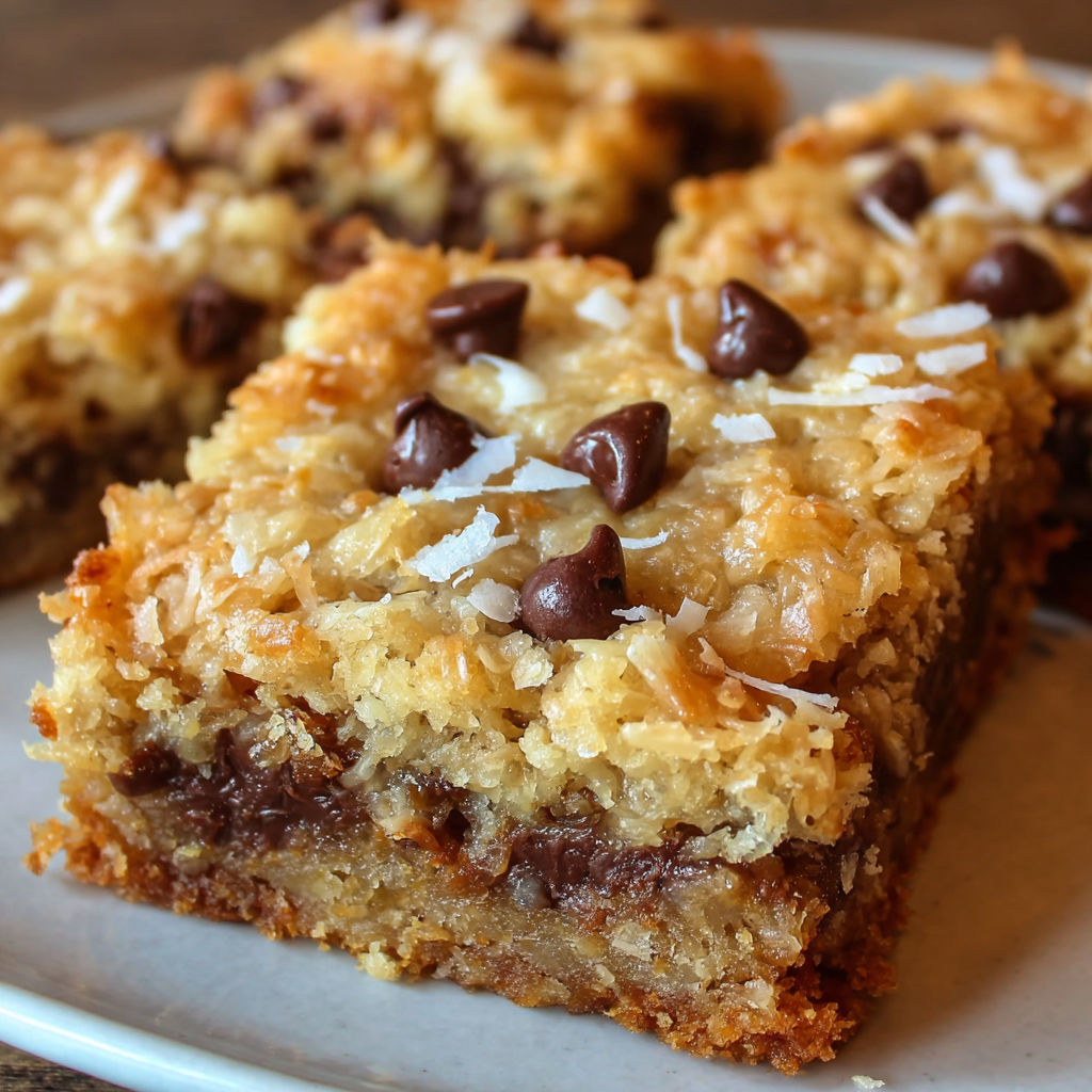A square piece of Coconut Toffee Chocolate Chip cake on a plate.
