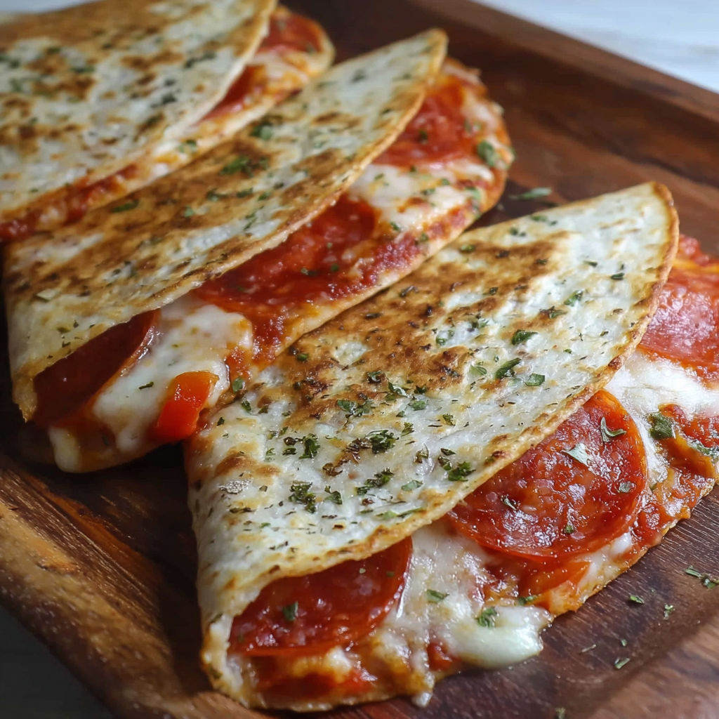 Two slices of pepperoni cheese quesadilla on a wooden cutting board.