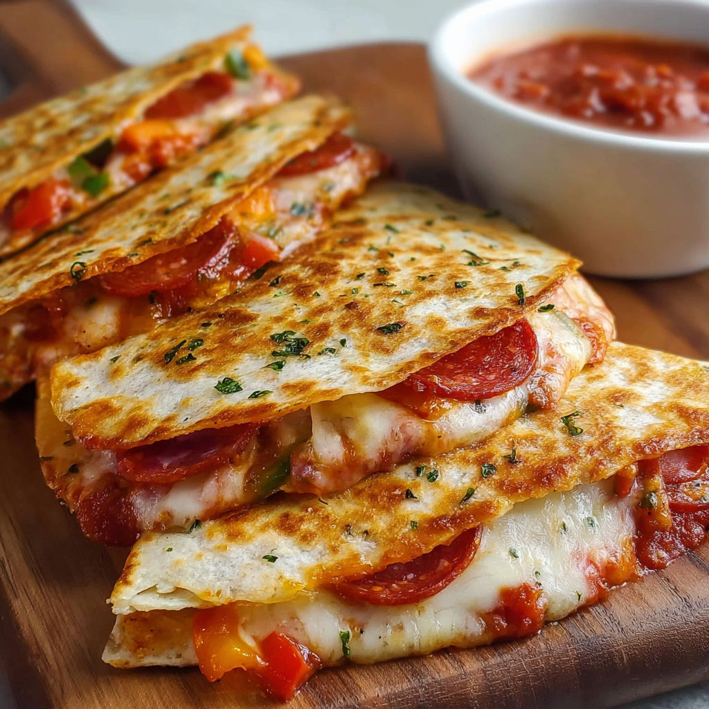 A stack of three pizza sandwiches with tomato sauce and cheese.
