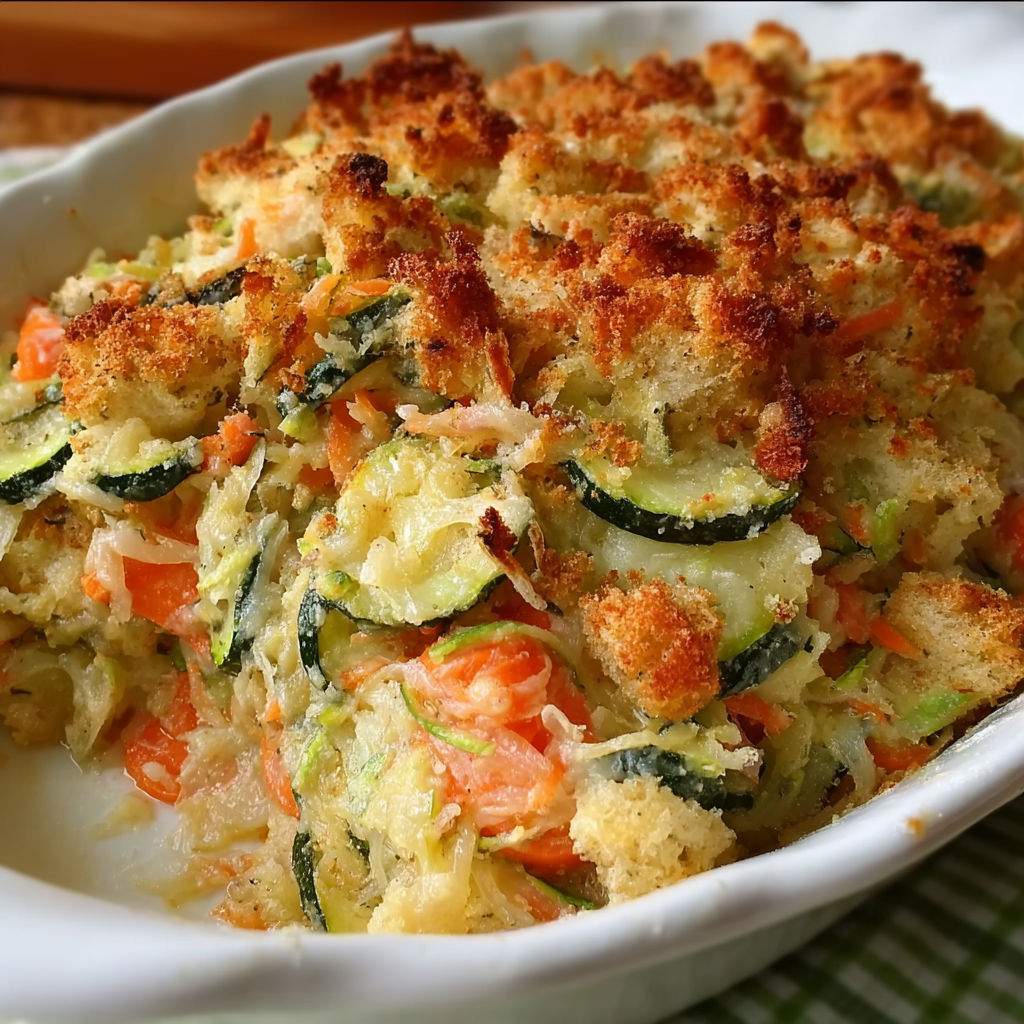 A delicious zucchini casserole with stuffing mix, ready to be served.