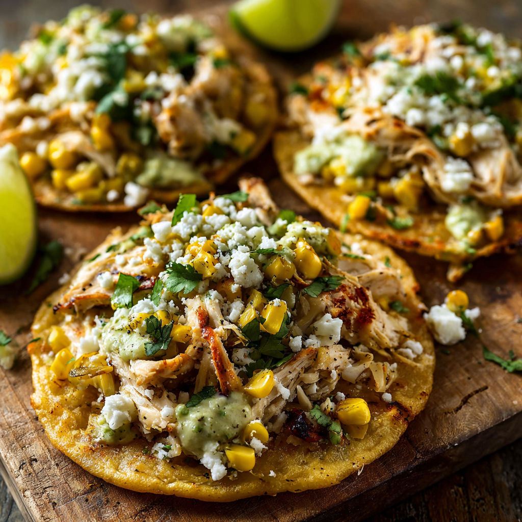 A delicious meal of Street Corn Chicken Tostadas, topped with corn, cheese, and chicken, is presented on a wooden cutting board.