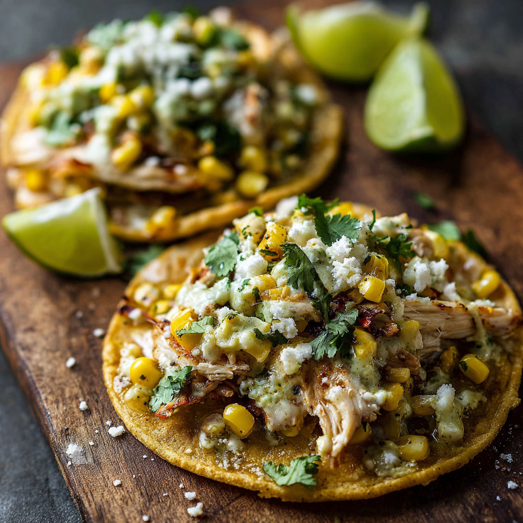 A delicious meal of chicken and corn on a tortilla with a side of lime wedges.